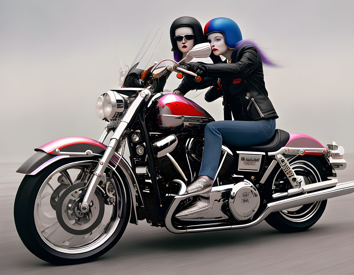 Stylized animated characters on motorcycle with black jackets and helmets