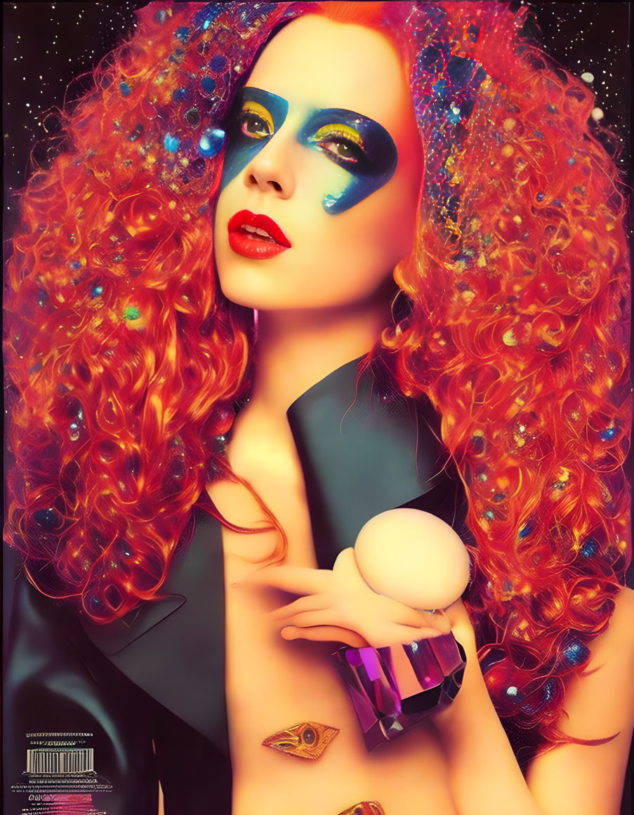 Vibrant red hair with blue and gold makeup holding a sphere on starry background