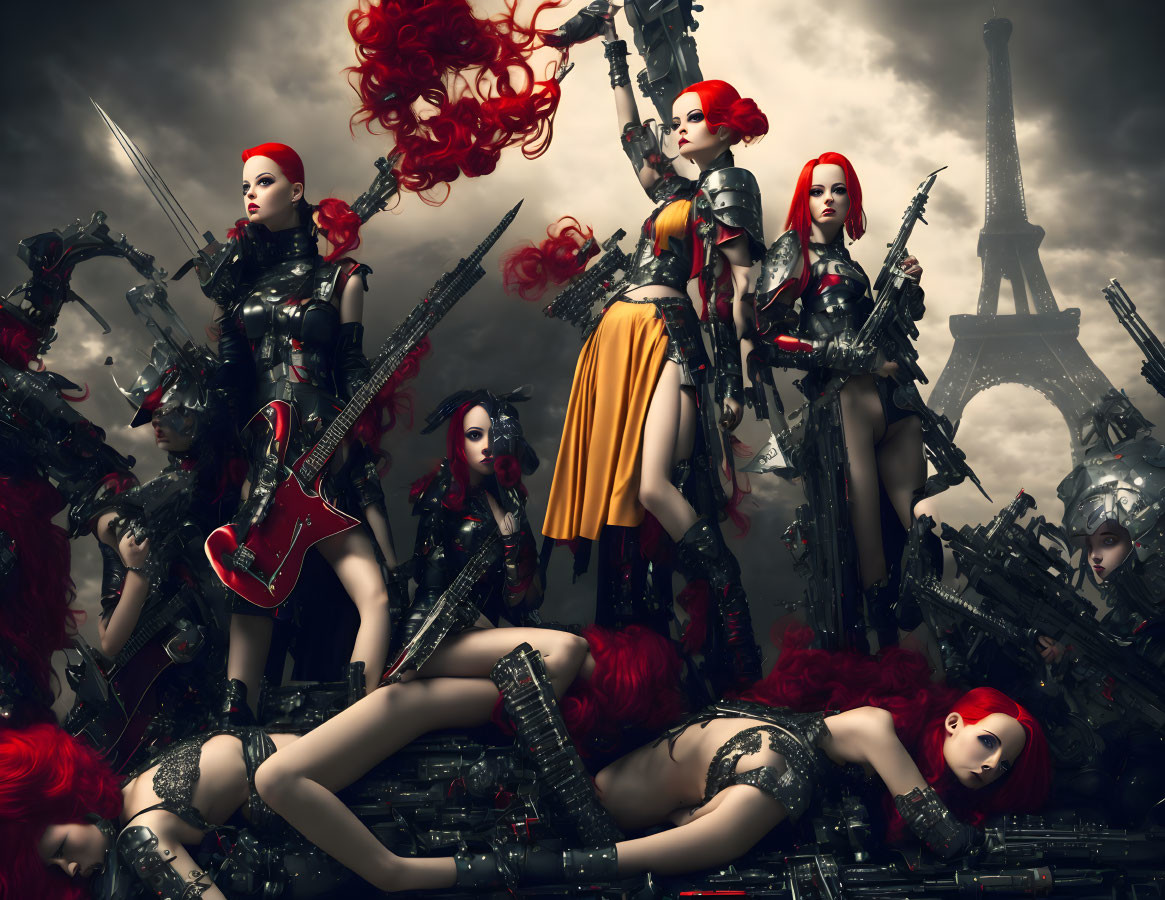 Abstract art: Red-haired female figures in futuristic attire with Eiffel Tower backdrop.