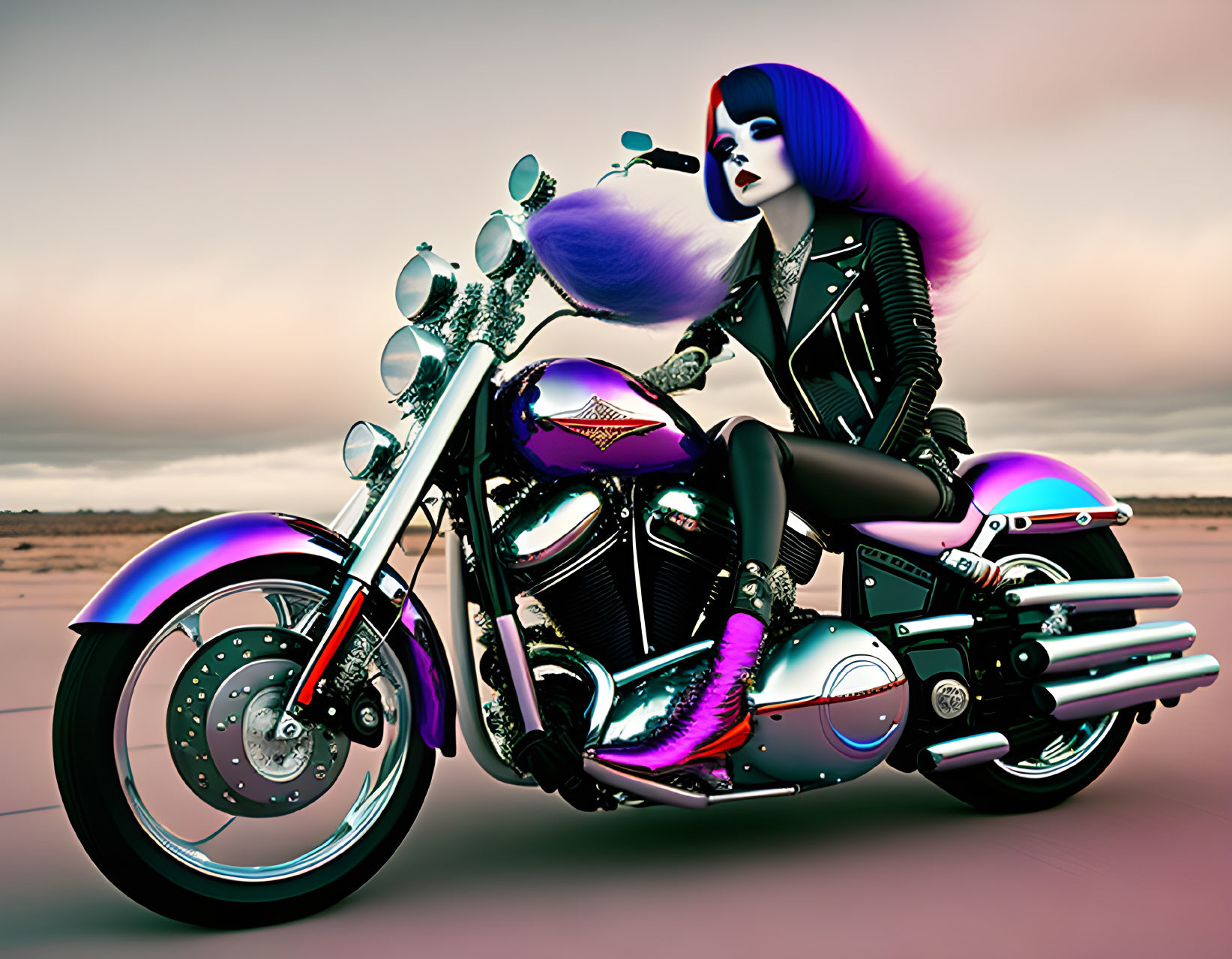 Illustration of woman with blue and purple hair on chromatic motorcycle under pastel sky
