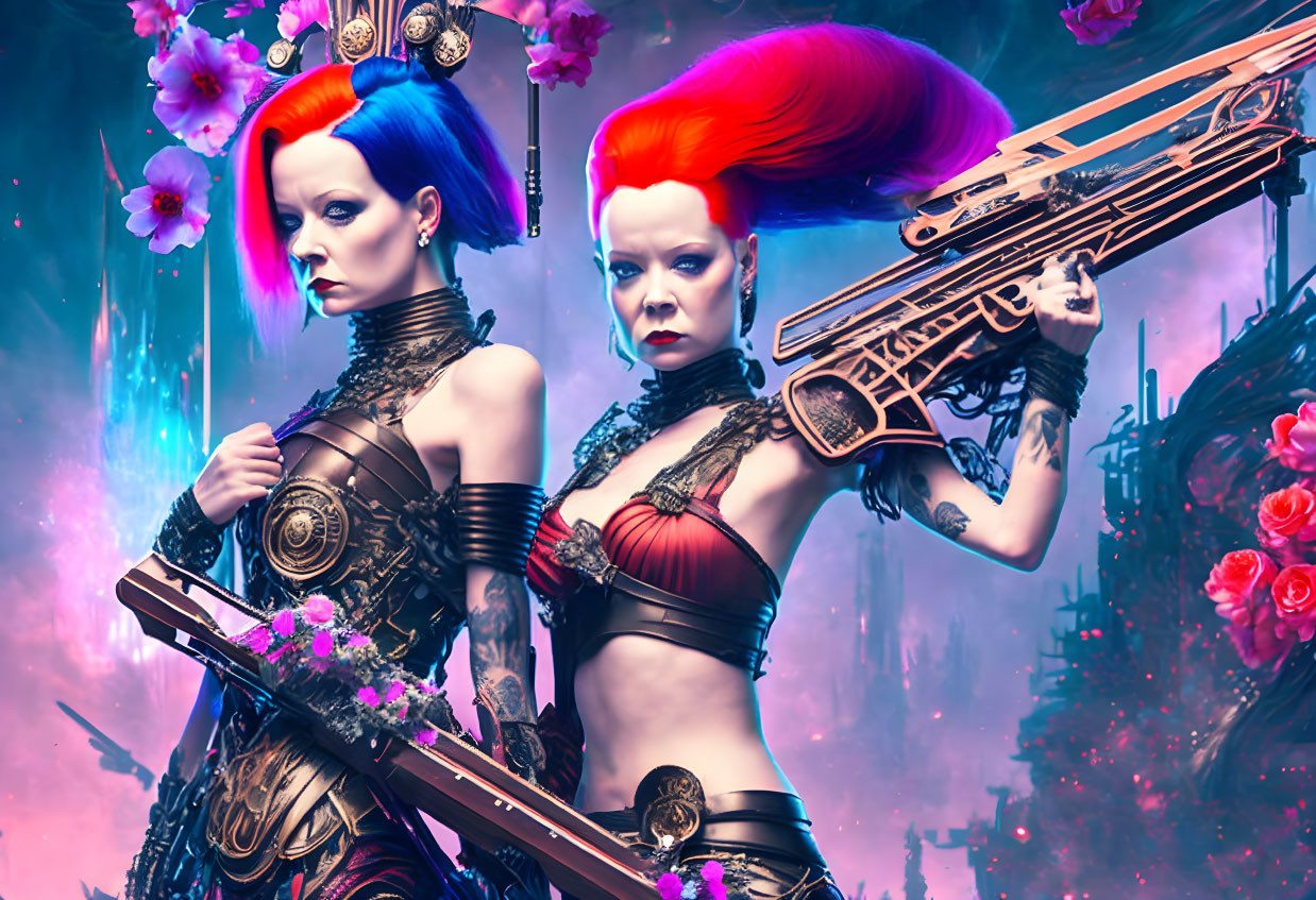 Futuristic women with blue and red hair holding rifles in surreal floral setting