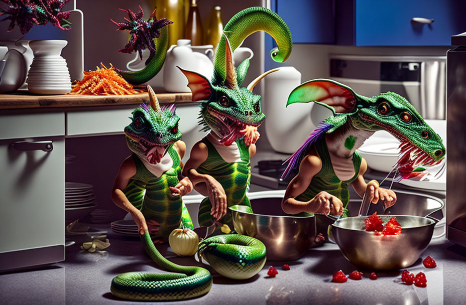 Colorful Whimsical Dragons Play in Kitchen with Fruit & Utensils