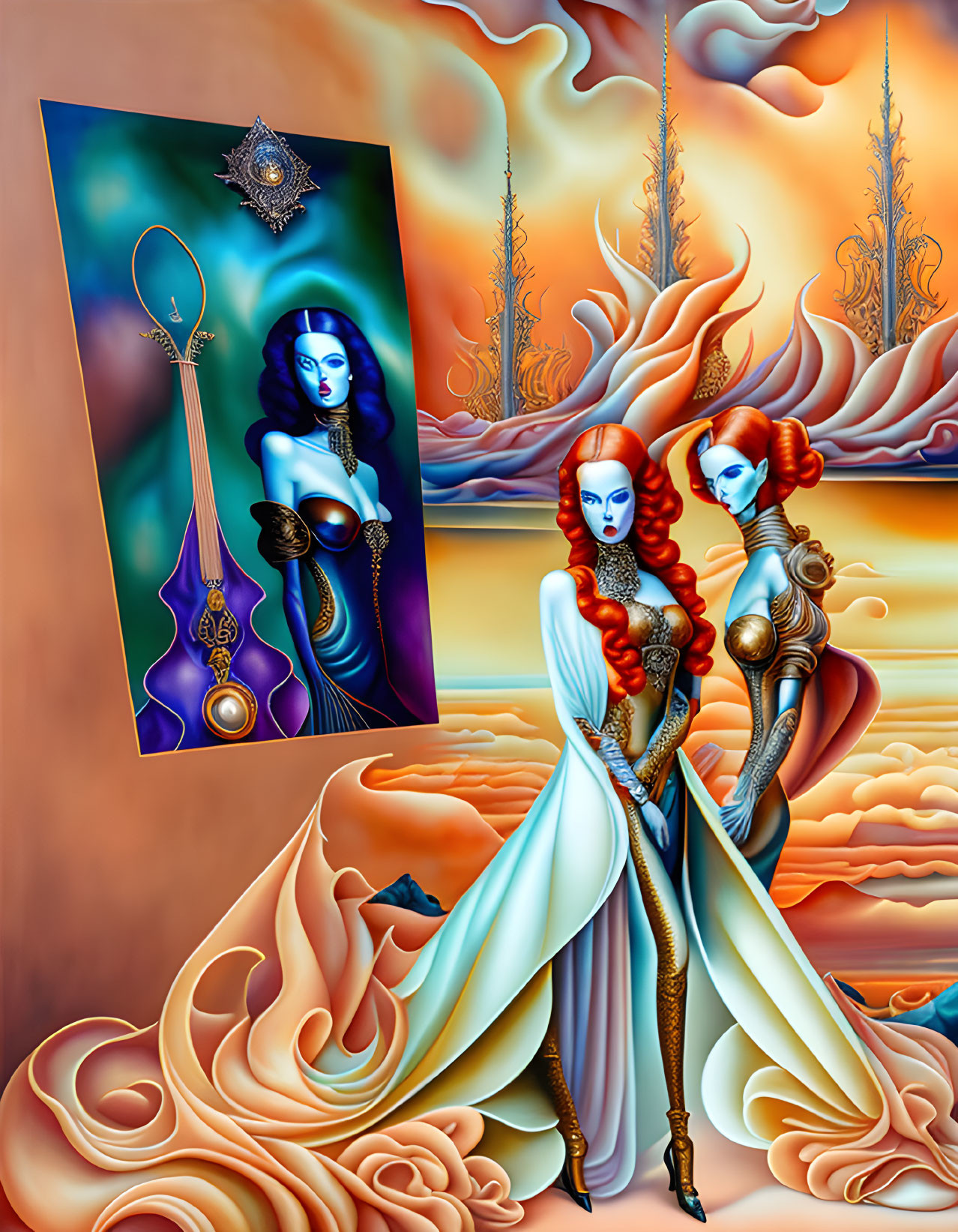 Two Stylized Female Figures in Elaborate Costumes with Fantasy Landscape