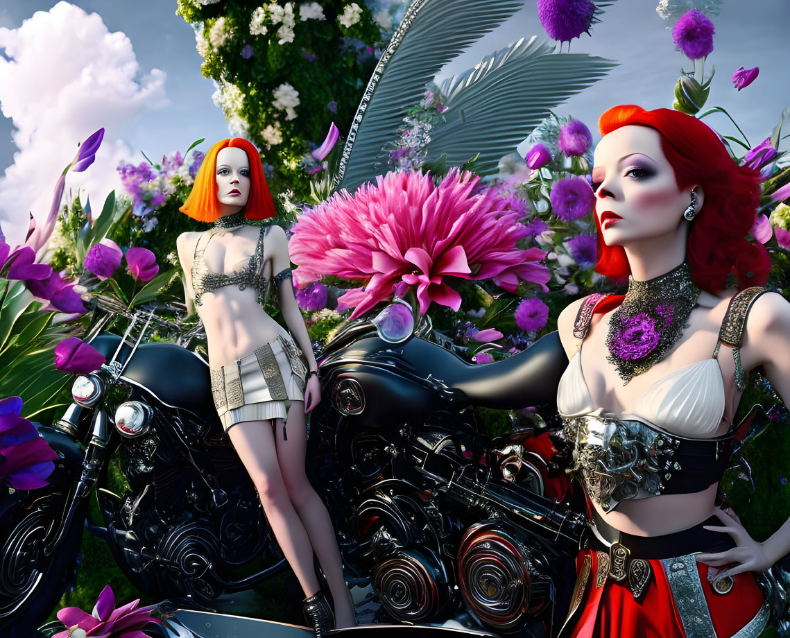 Stylized female figures with bold makeup on motorcycles among lush flowers