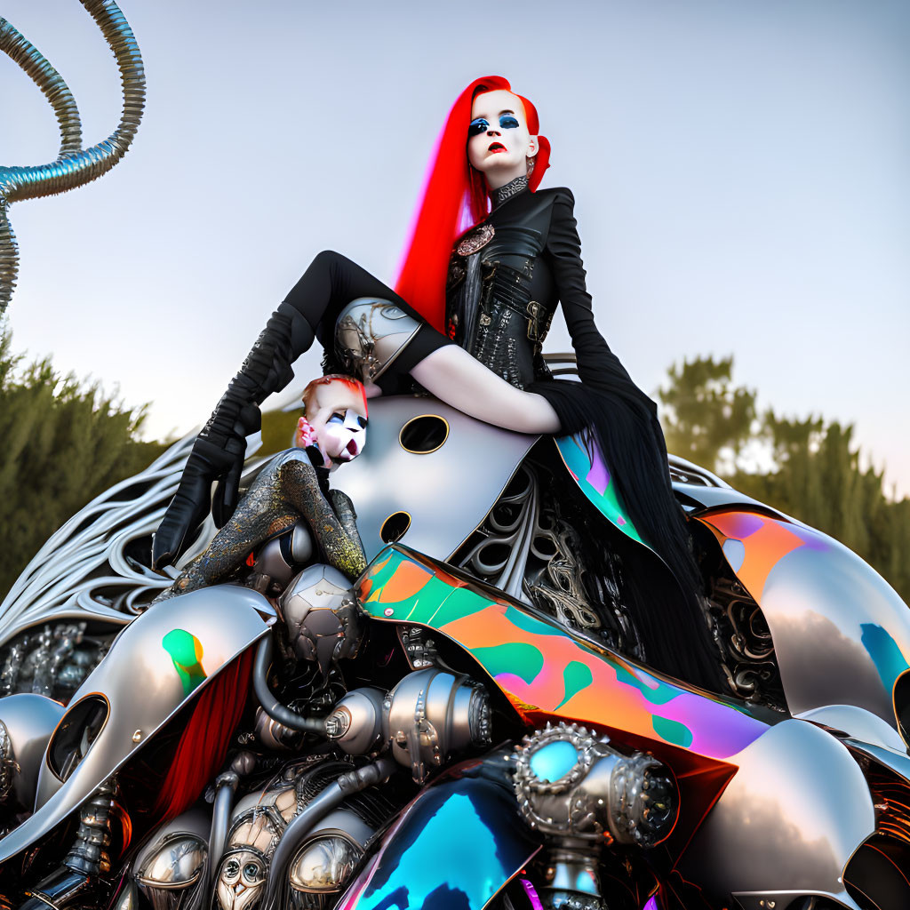 Red-haired woman in cyberpunk attire surrounded by colorful metallic robotic parts