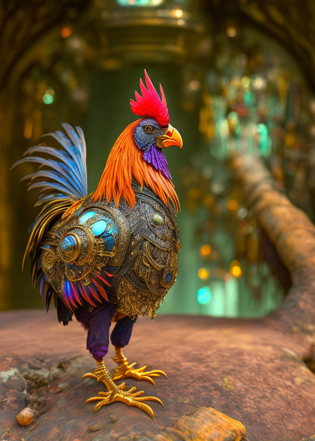 Colorful Steampunk Mechanical Rooster in Whimsical Setting