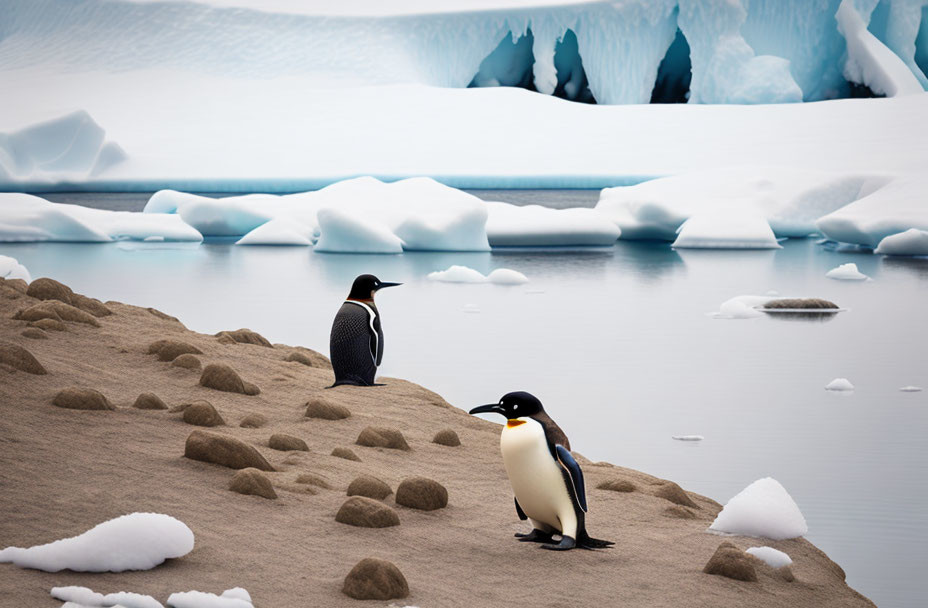 Penguins on sandy shore with icebergs and glacier.