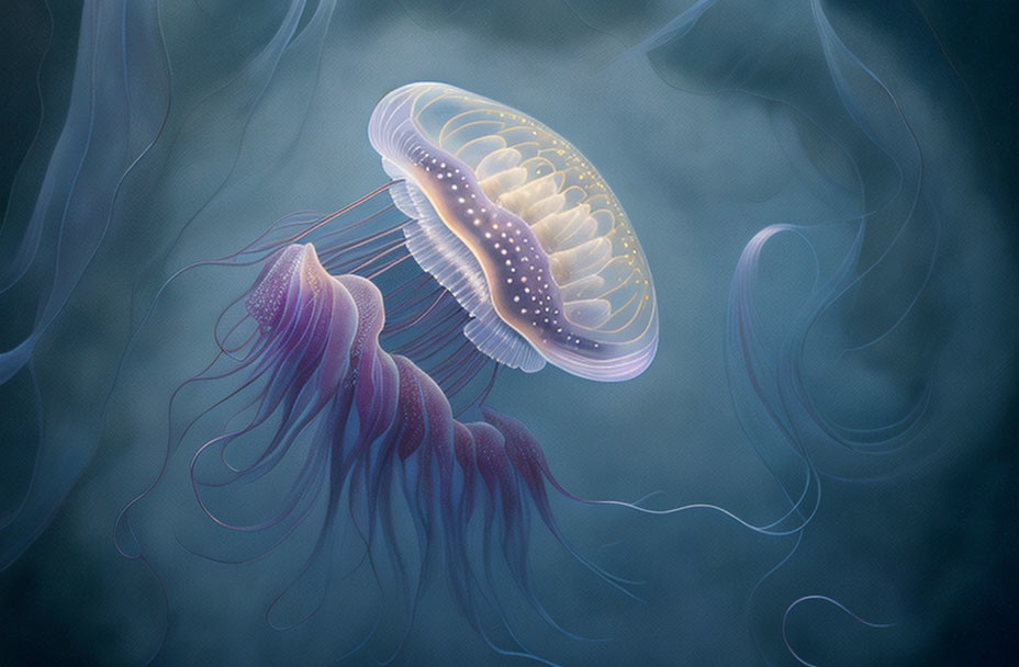 Glowing jellyfish digital illustration on marine background
