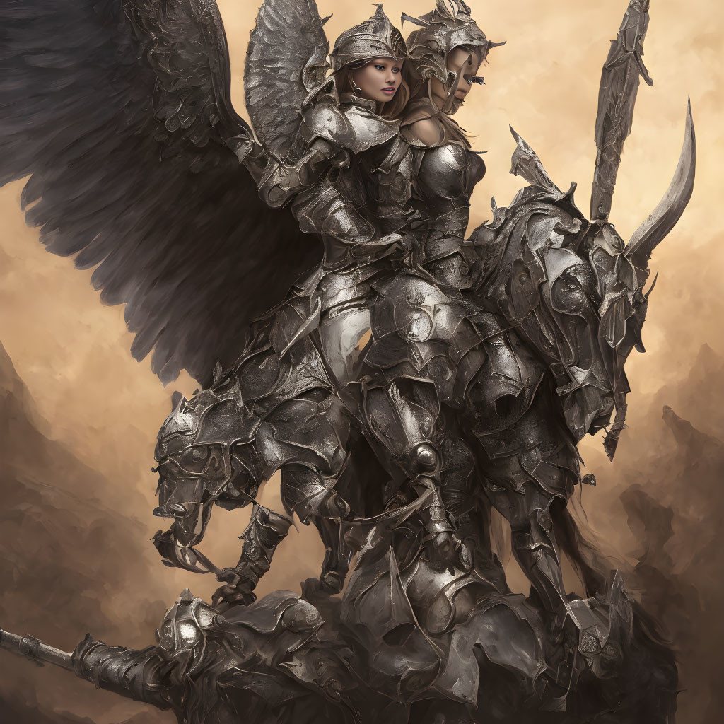 Swift Virgin Warrior Valkyrie, in armor, on a wing
