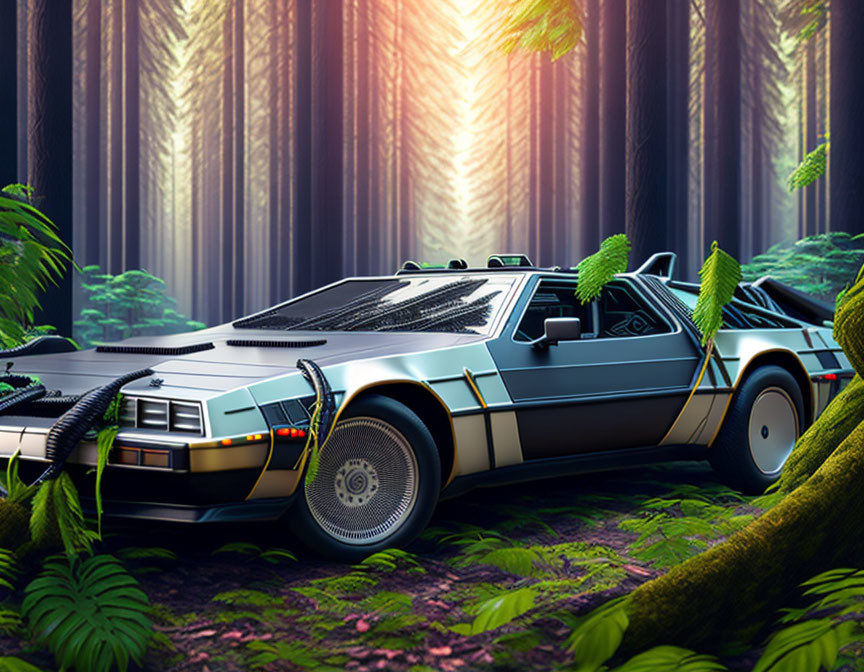 Silver DeLorean car in lush green forest with sunlight.