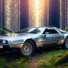 Silver DeLorean car in lush green forest with sunlight.