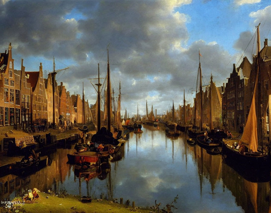 Dutch canal oil painting with gabled buildings and sailboats at dusk