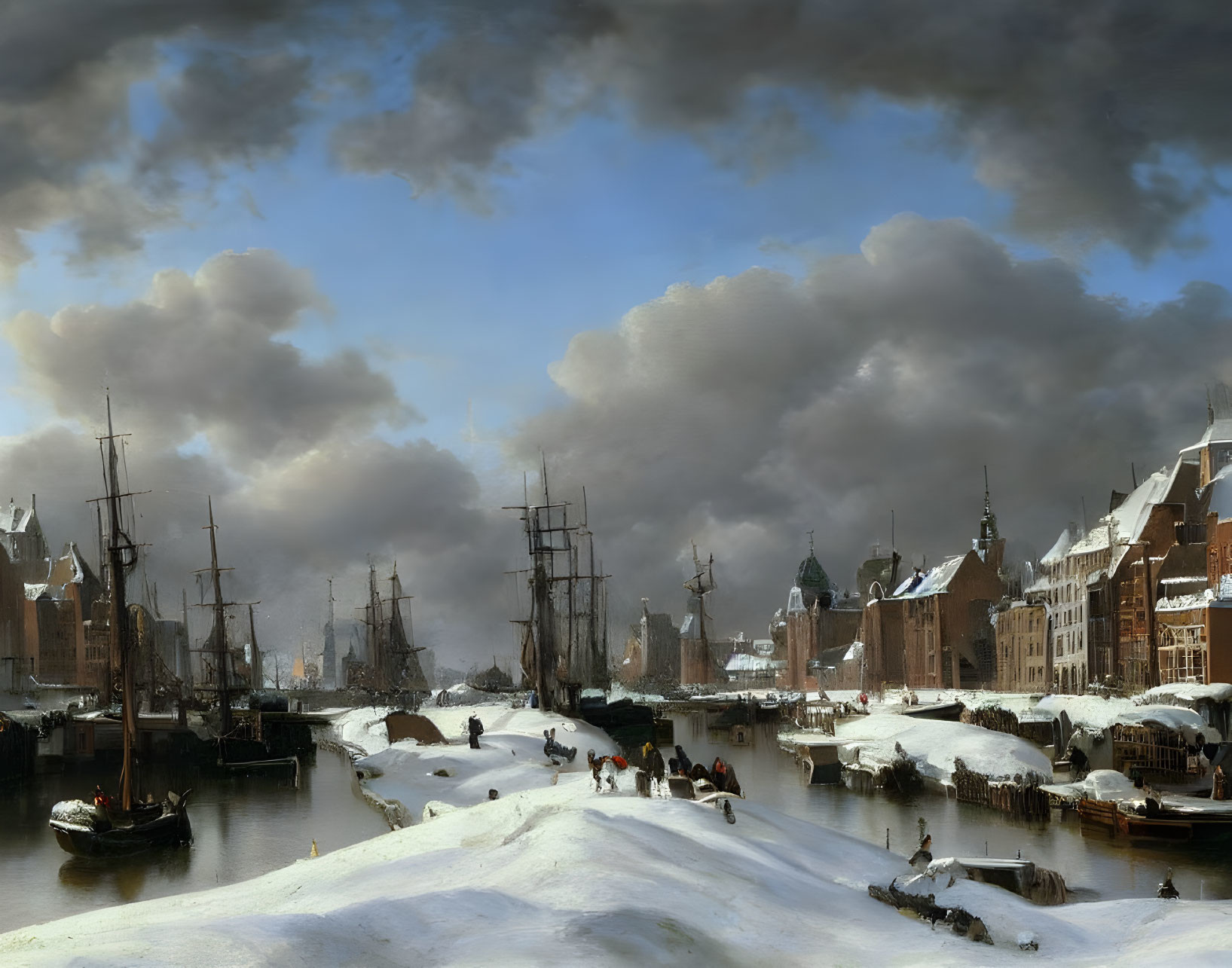 Snow-covered Dutch harbor with ships, buildings, people on ice under dramatic sky