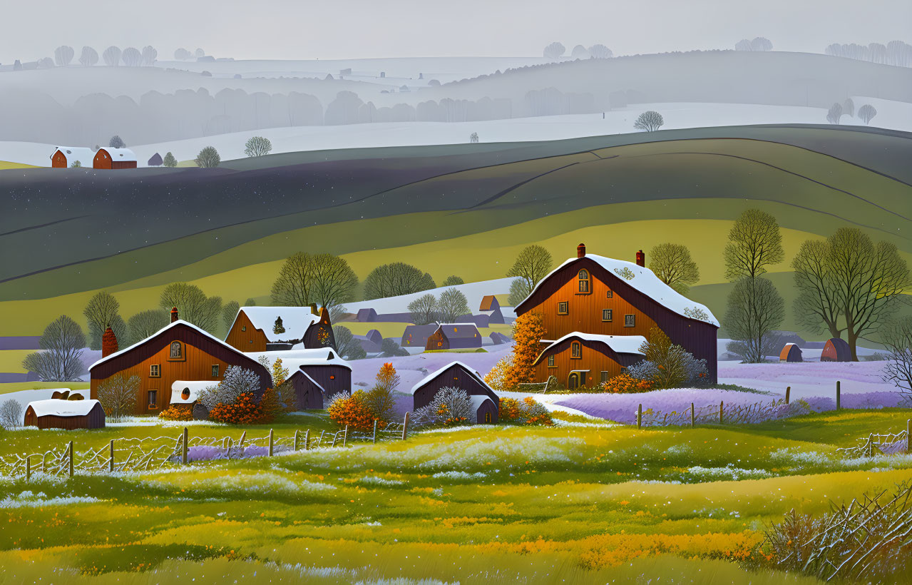 Colorful rural landscape with snowy fields, red-roofed houses, and rolling hills.