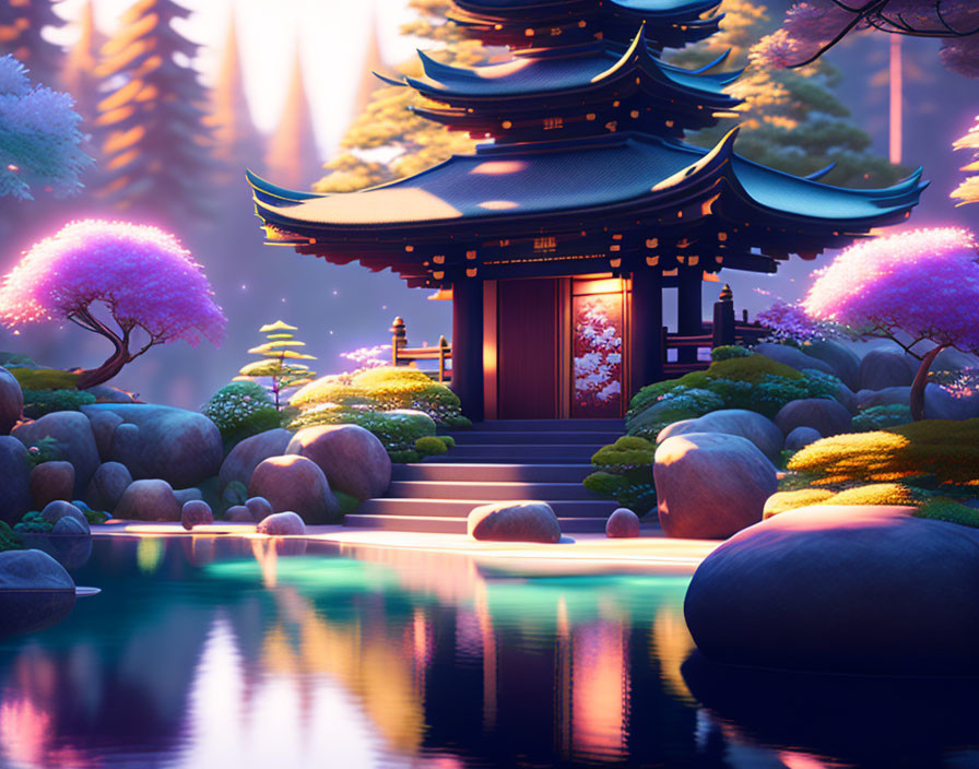 Tranquil digital art: Asian pagoda, purple trees, serene water at twilight