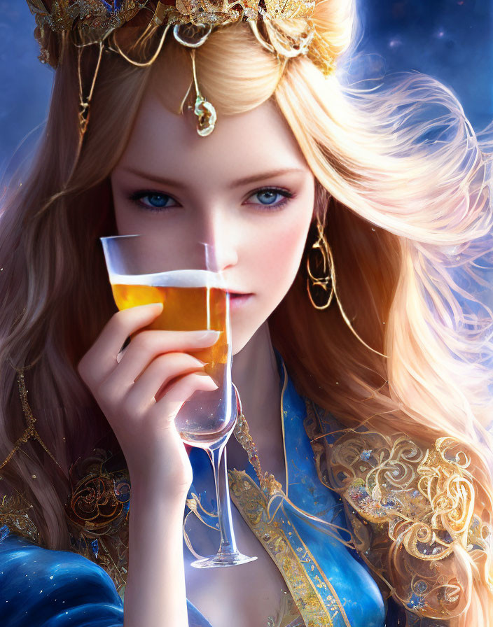 Digital artwork of a woman with golden hair and blue eyes holding a glass with a straw, adorned in