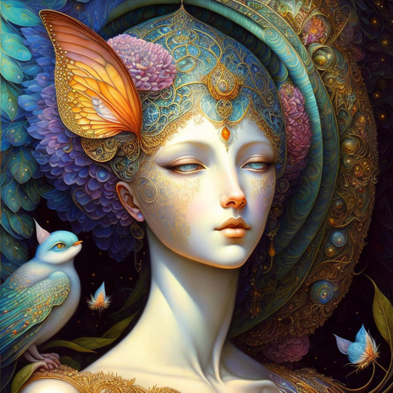 Fantasy portrait of woman with ornate headwear, surrounded by flowers, birds, and butterfly