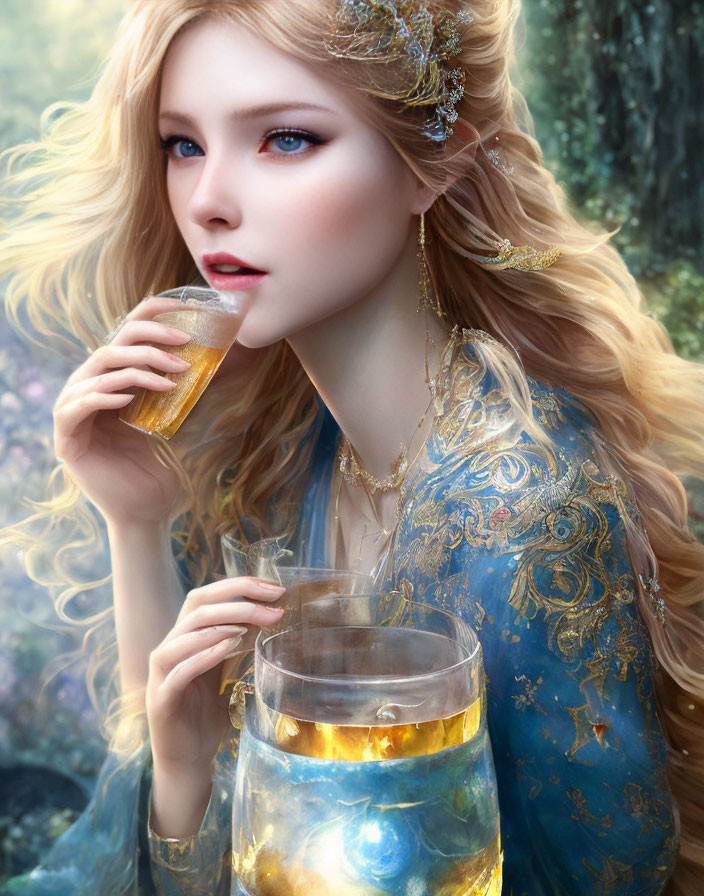 Blonde woman sipping from glass in magical forest scene