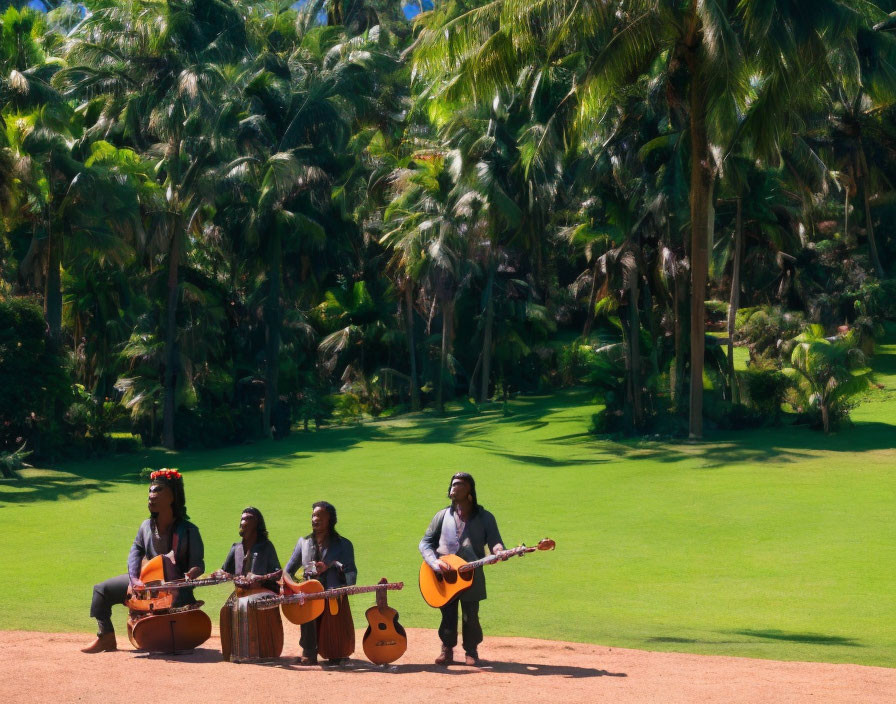Musicians with guitars among palm trees on sunny day