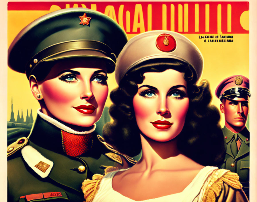 Vintage propaganda poster featuring stylized soldiers in military uniforms with red stars.