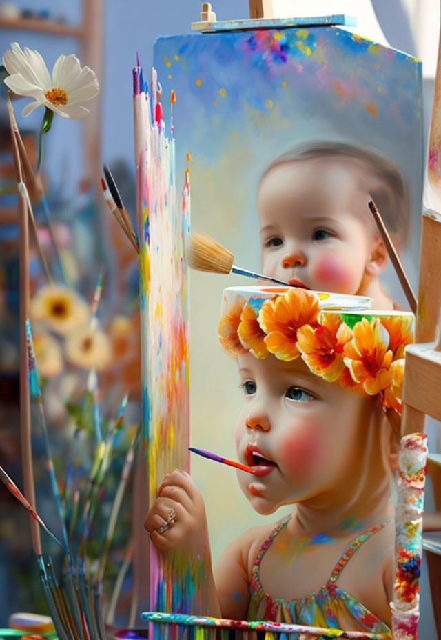 Child's portrait on canvas with real child peeking, creating continuity illusion