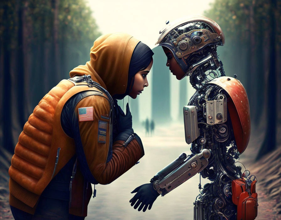 Space suit person and detailed robot touch foreheads in foggy forest scene