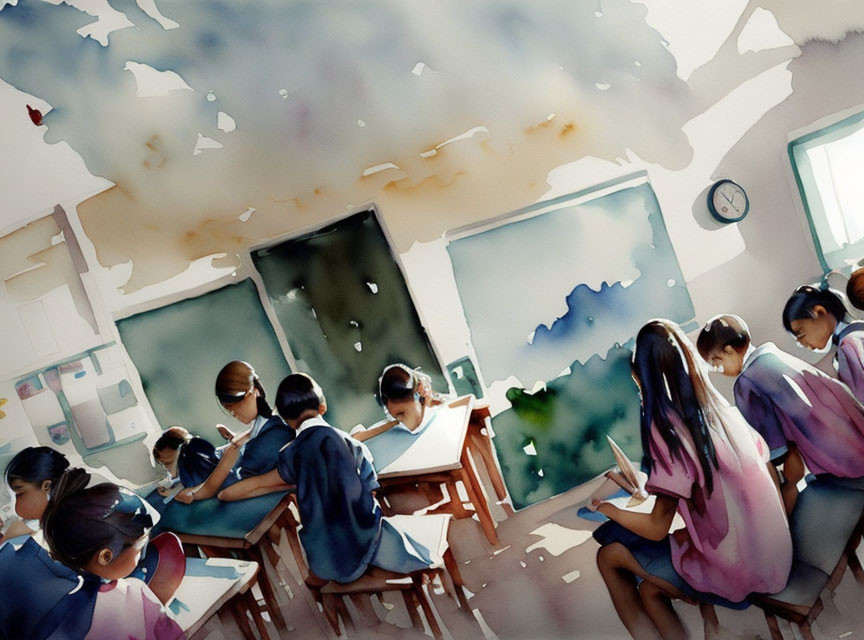 Watercolor painting: Students in Sunlit Classroom Reading