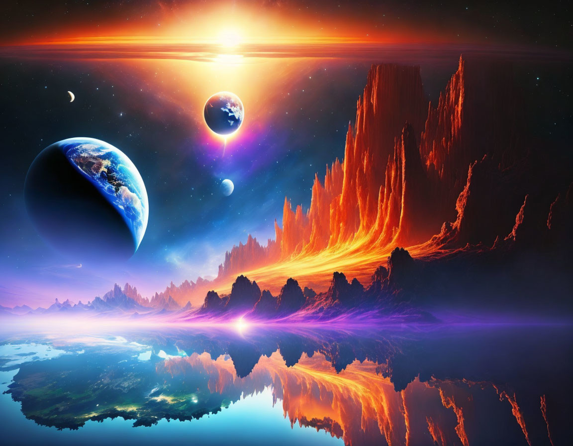 Vibrant sci-fi landscape with rocky terrain and multiple planets in starry sky