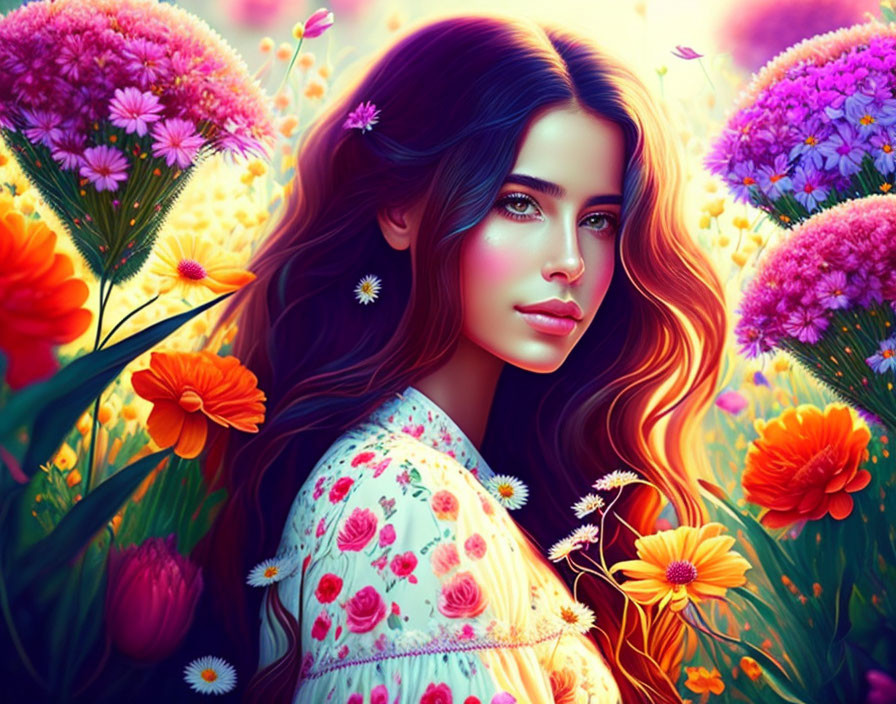Vibrant woman portrait with flowing hair and colorful flowers in fantastical garden.