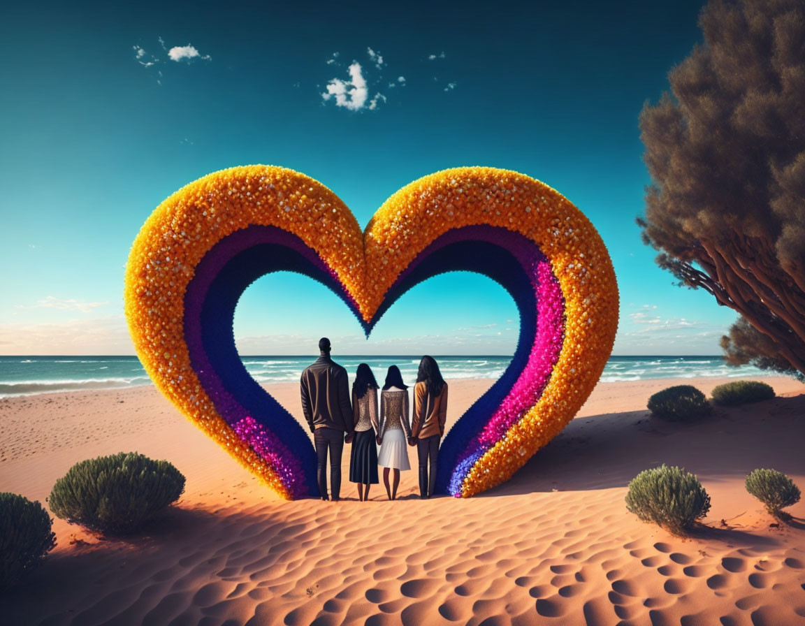 Group of people at heart-shaped flower structure on beach viewing ocean