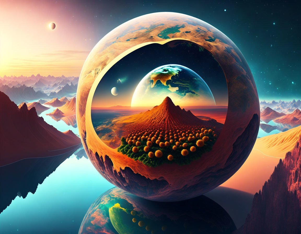 Colorful digital artwork featuring spherical portal and volcanic landscape