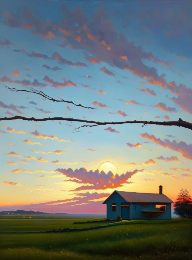 Serene house on grassy plain at sunset with clouds and branch.
