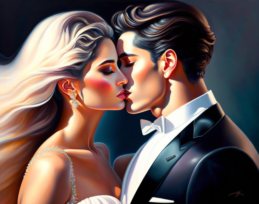 Formally dressed couple in elegant attire ready to kiss