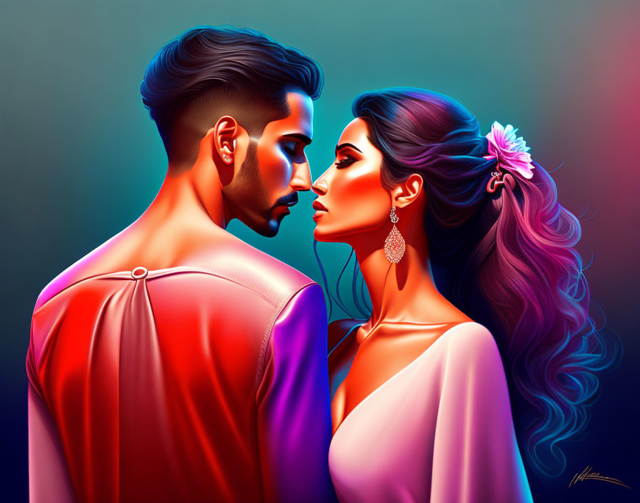 Vibrant profile view illustration of a couple in romantic embrace