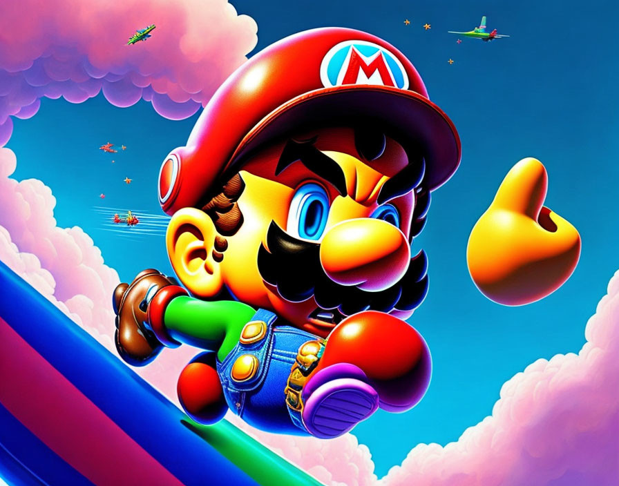 Vibrant Mario character running under blue sky with flying ships