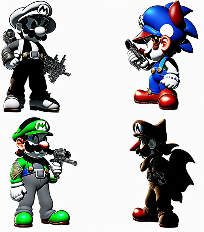 Four edgy Mario and Luigi illustrations in unique costumes with guns and dramatic shadows
