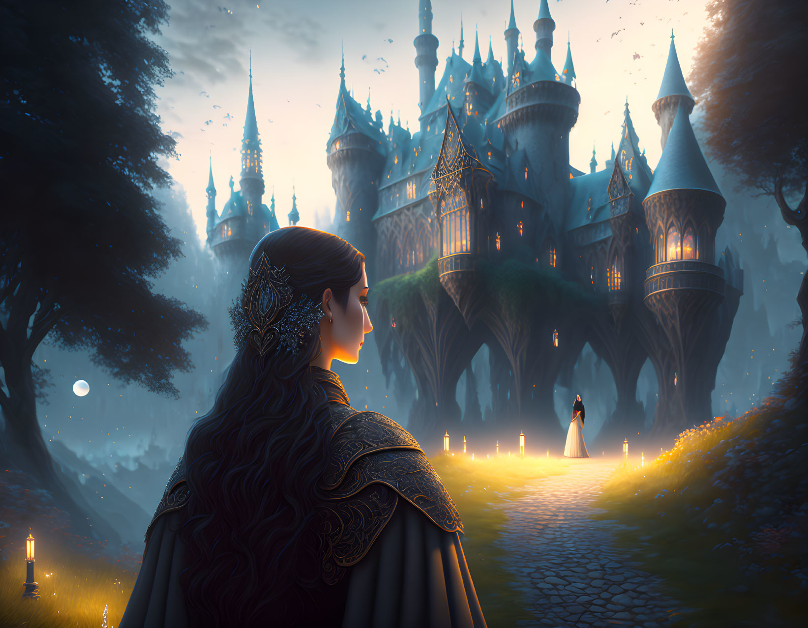 Woman admiring castle in enchanted forest at twilight with figure on candle-lit path