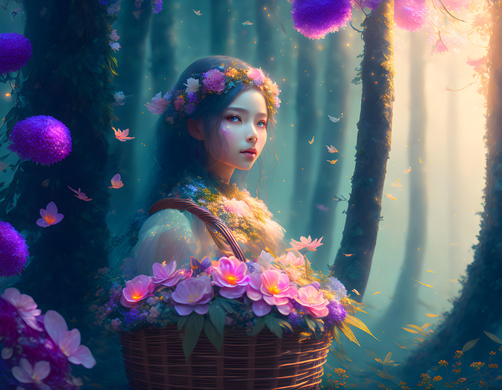 Mystical portrait of woman with floral wreath in enchanted forest