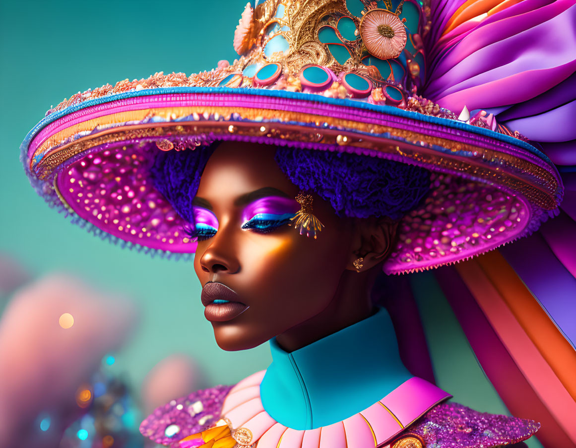 Colorful portrait of model with purple eyeshadow and ornate gold hat on teal background