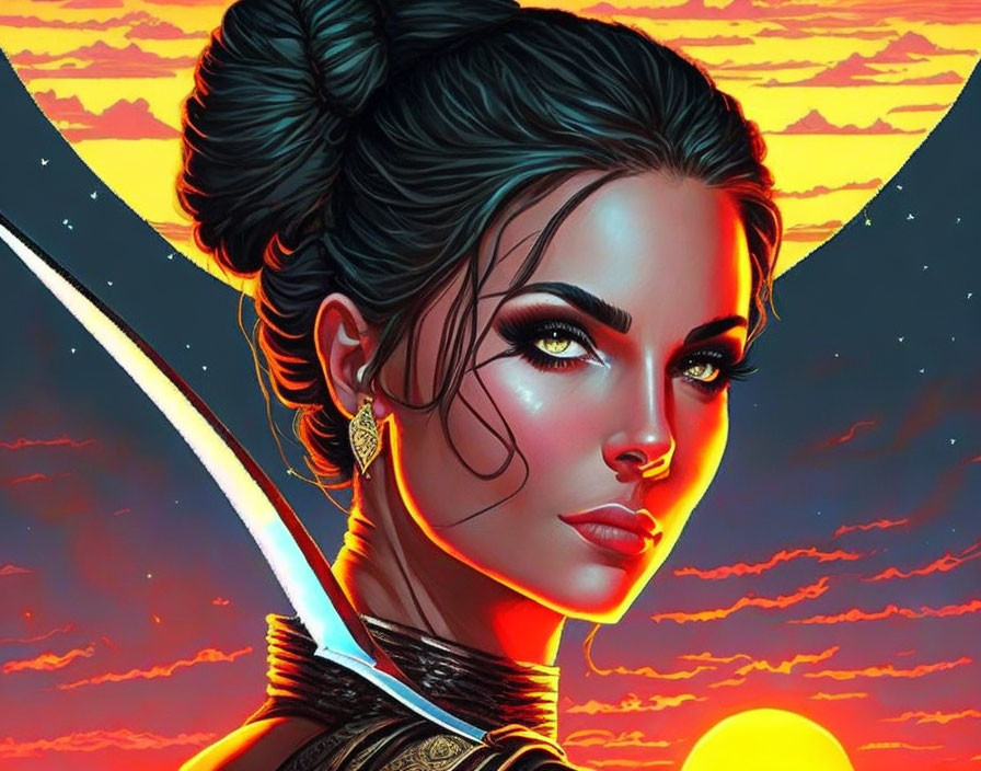 Female warrior with samurai sword under dramatic sunset.