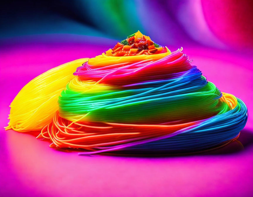 Colorful Pasta Strands on Pink Surface with Garnishes and Lighting