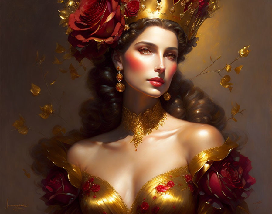 Regal woman in golden dress and crown with roses and gold leaf accents