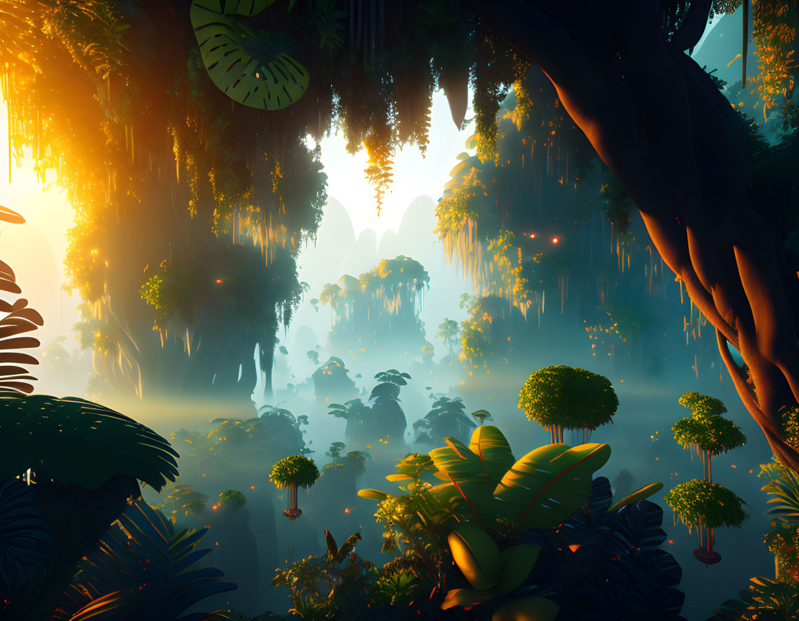 Lush jungle scene with hanging vines and warm glow