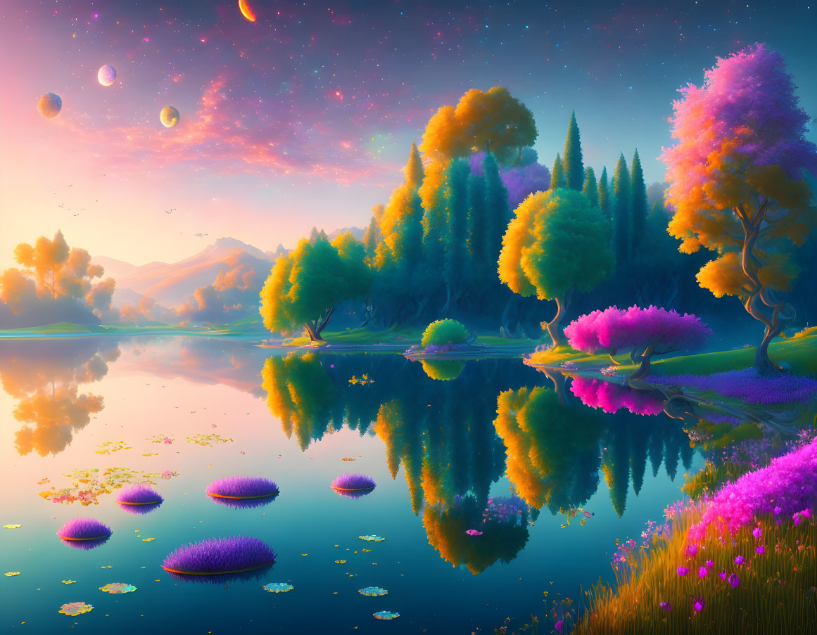 Colorful Trees and Planets in Surreal Sunset Landscape