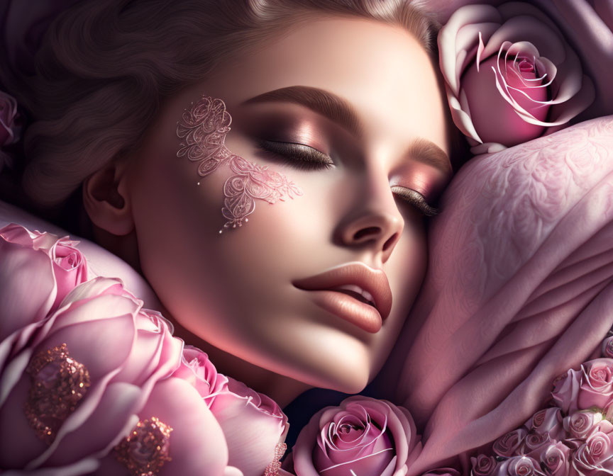Woman with ornate makeup among purple roses in peaceful sleep