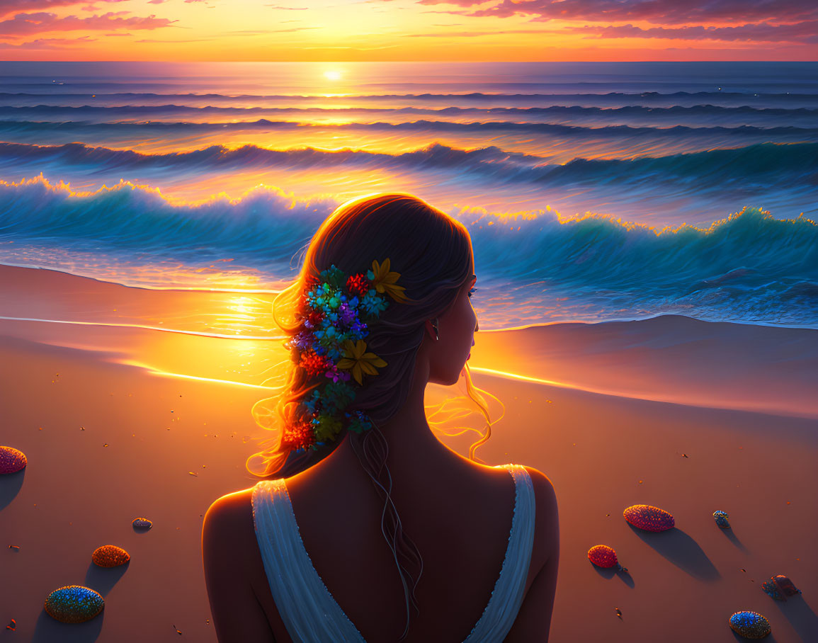 Woman with flowers in hair admires sunset on serene beach with colorful jellyfish.