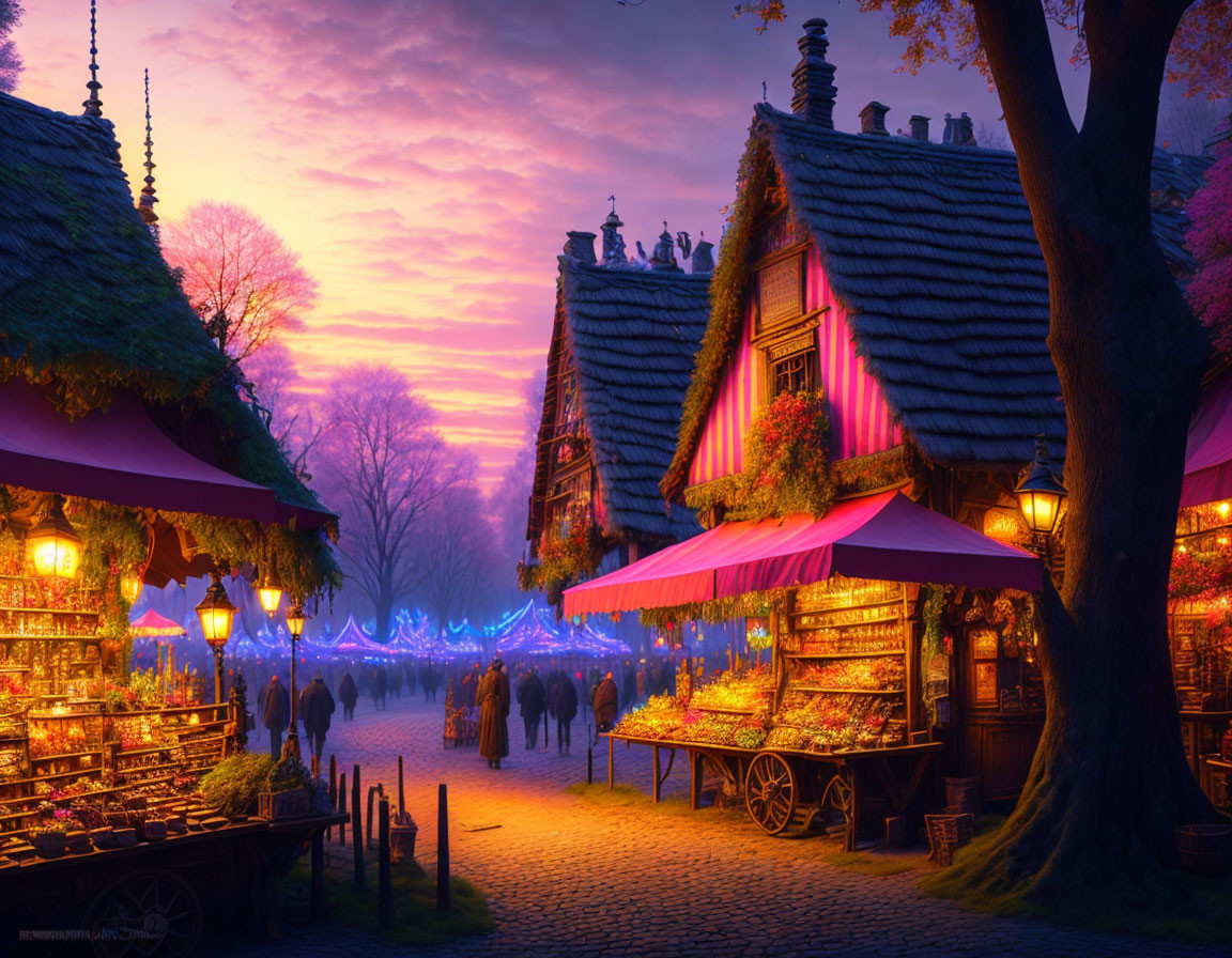 Charming evening market with thatched cottages, purple skies, illuminated stands, and cobblestone