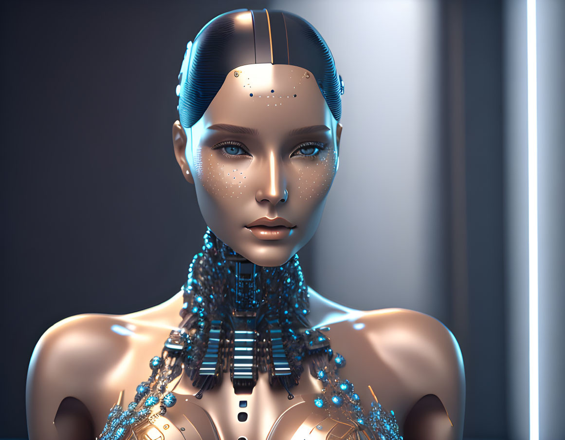 Futuristic female android with blue circuit patterns and intricate neck structures