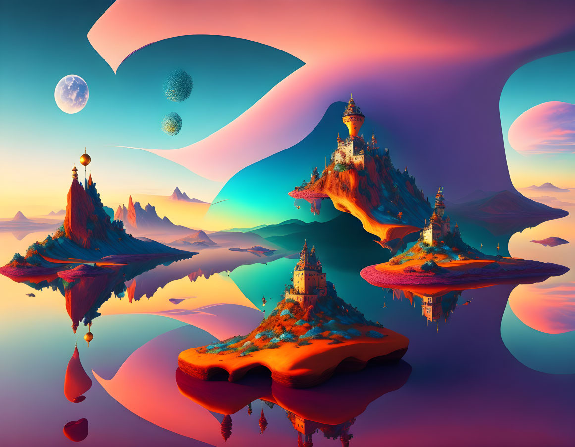 Fantasy landscape with floating islands, castles, and twilight sky