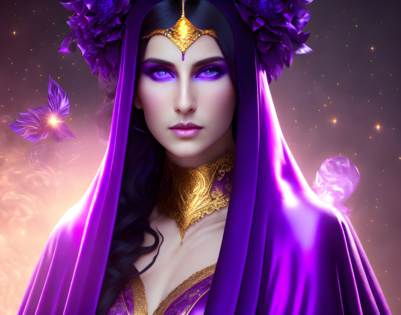 Mystical woman in purple attire with gold jewelry, butterflies, glowing orb, starry background